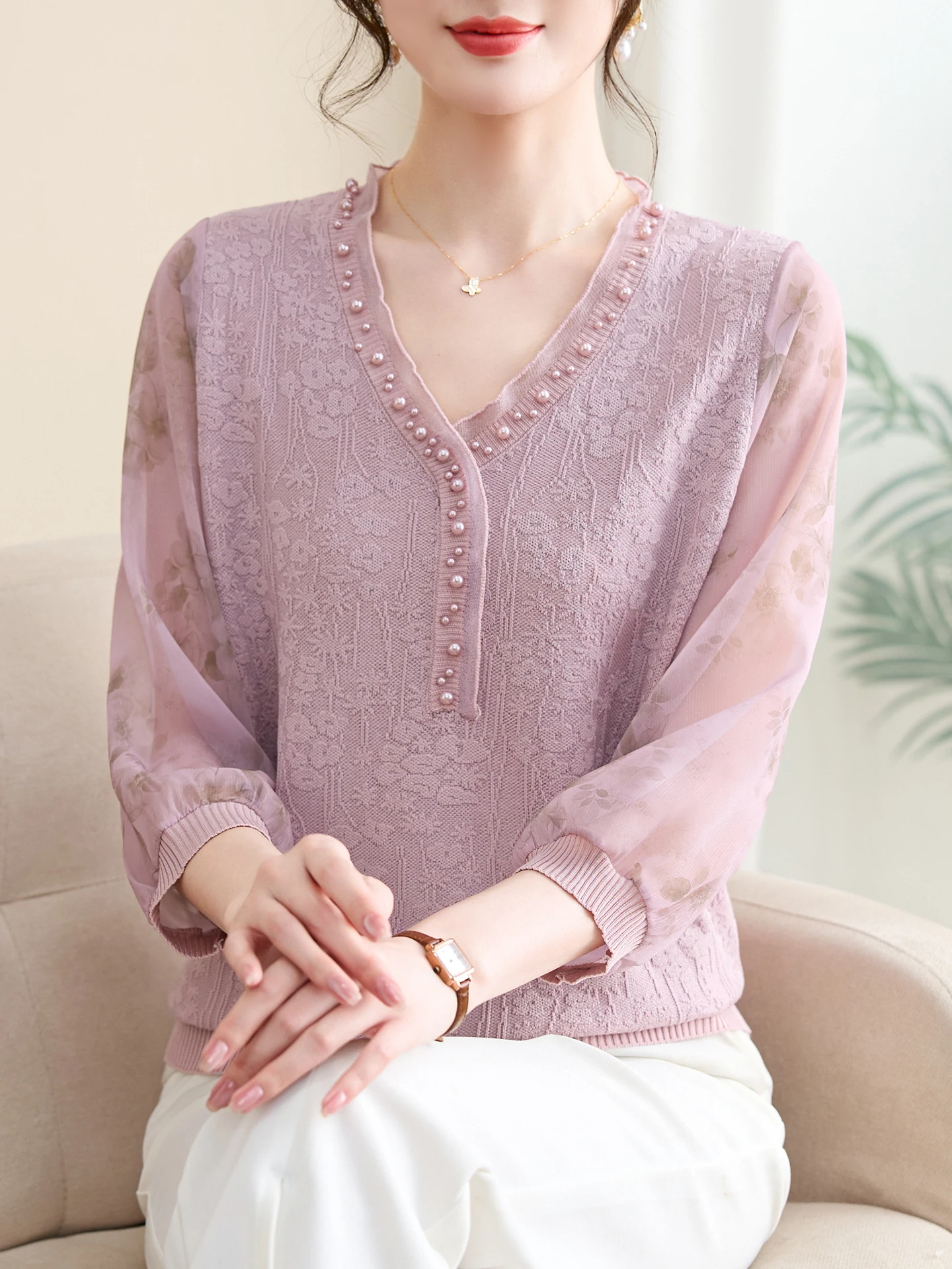 

Ele Knitted Sweater with Silk Sves for Young Mothers Spring Faion Middle-Aged And ly Women's Clothing