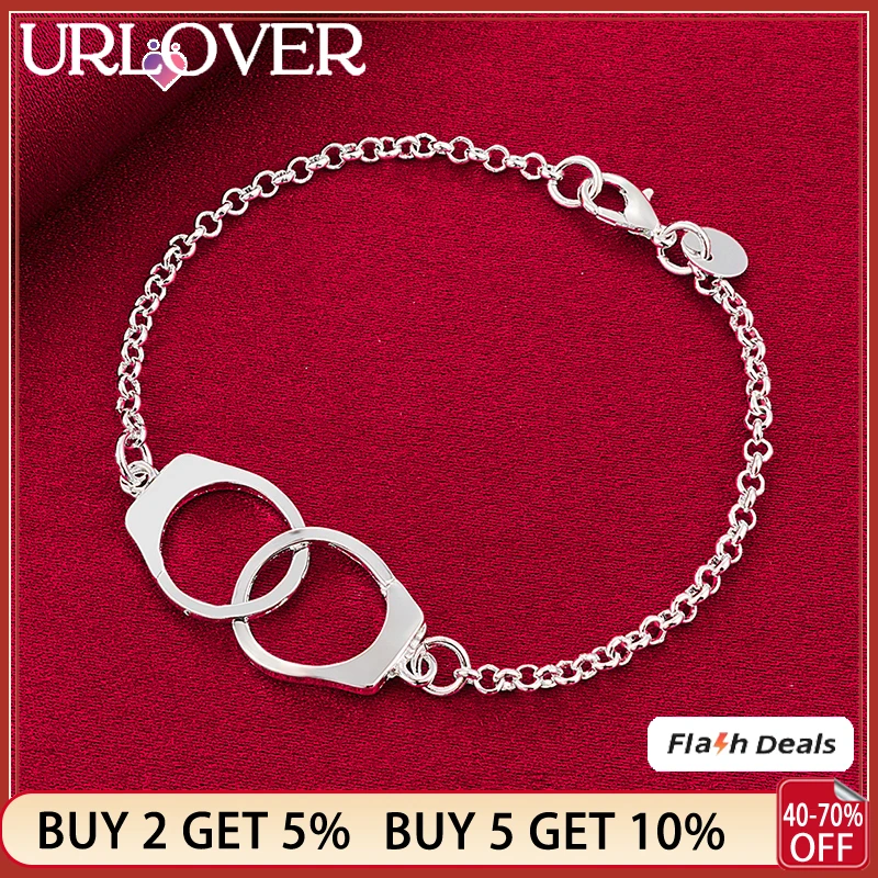 

URLOVER 925 Sterling Silver 24K Gold Bracelet For Woman Handcuffs Chain Bracelets Lady Party Birthday Valentines Fashion Jewelry