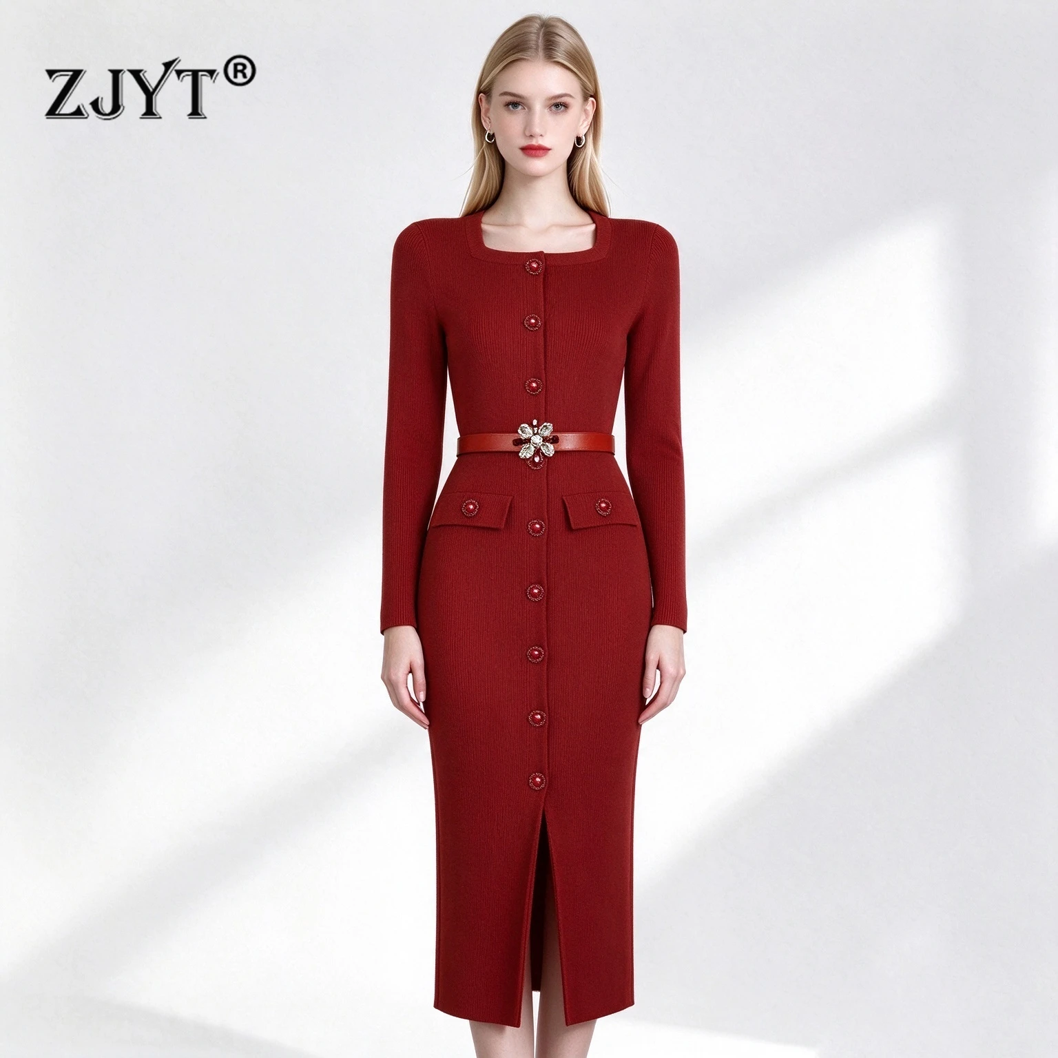 ZJYT Fashion Women Knitted Sweater Dresses for Autumn Winter Long Sleeve Elegant Midi Party Dress Red Vestidos Female 2026 New