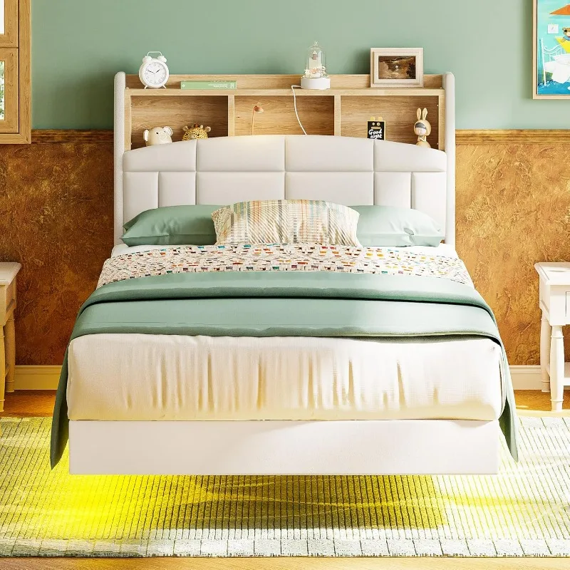 

Twin Size Floating Bed Frame, Tall Bookcase Headboard with Charging Station, Solid Wood Slats Support, No Box Spring Needed