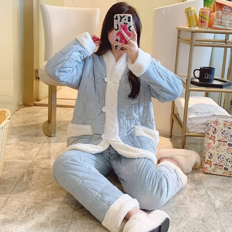 2024 Winter New Cute Style Pajamas Women's 3-Layer Cotton Padded Warm Coral Fleece 2-Piece Set Can Be Worn Outside Home Clothes