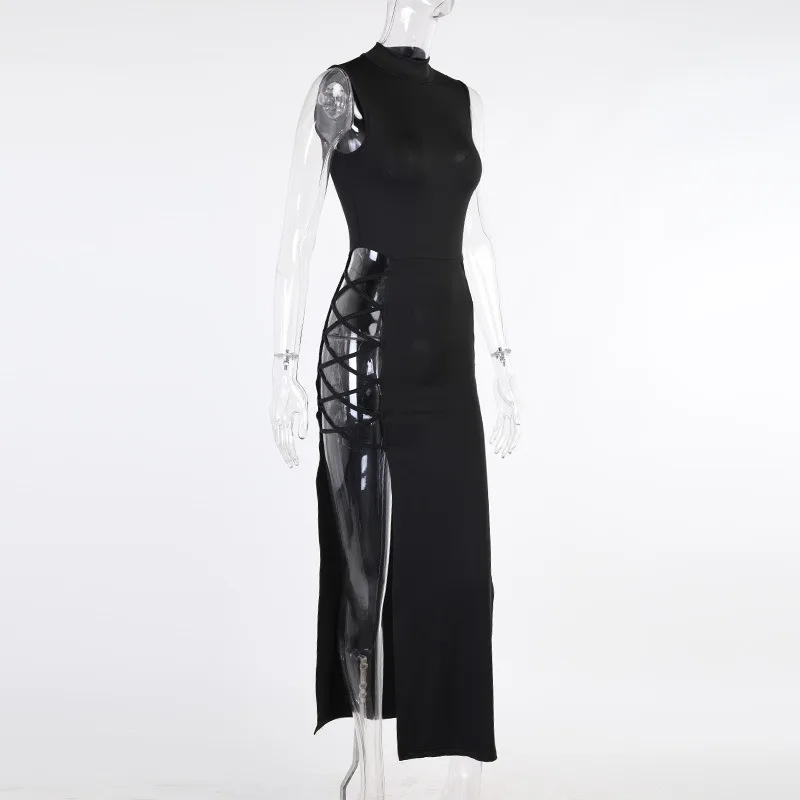 Criss Cross Cut Out Dress, Sexy Bodycon Mock Neck Sleeveless Dress, Women's Clothing