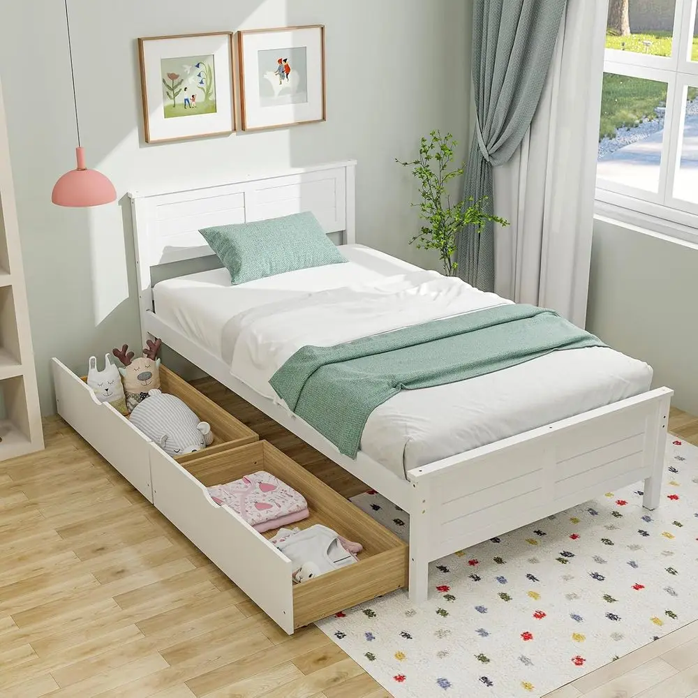 

Twin Solid Wood Bed with 2 Drawers, Platform Style, Slat Support, No Box Spring, Suitable for Kids, Teens, Adults, White
