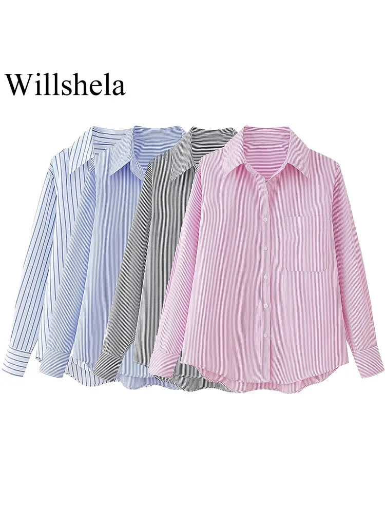 Willshela Women Fashion With Pocket Striped Single Breasted Blouse Vintage Lapel Neck Long Sleeves Female Chic Lady Shirts