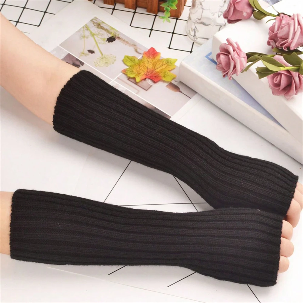1 زوج المرأة قفازات طويلة بدون أصابع موضة معطف شتوي القفاز الذراع كم قفازات ناعمة عادية #3