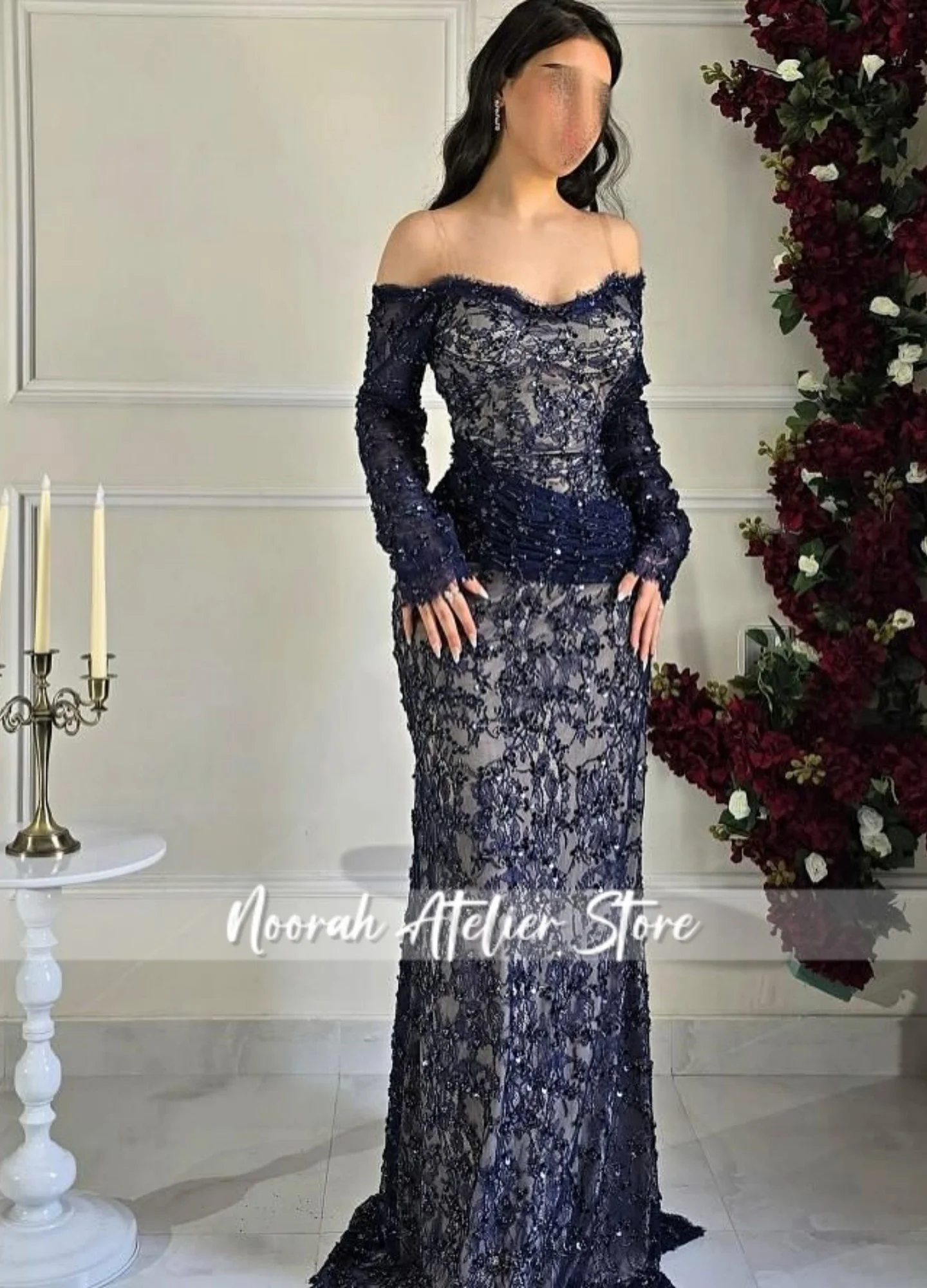 

New Blue Lace Long Sleeves Elegant Luxury Evening Dresses 2025 Off Shoulder Formal Dress Wedding Gown Long Veestidos Customized