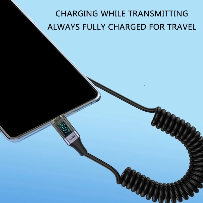 Kabel Data pegas USB Tipe C, kabel pengisian daya Cepat PD100W siku 90 derajat dengan tampilan Digital untuk laptop tablet ponsel