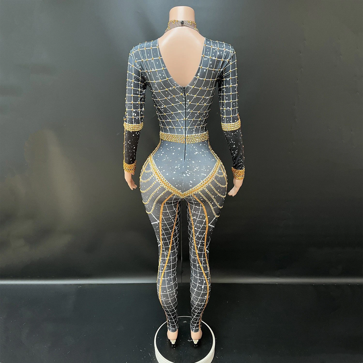 2025 Sexy Collo Alto Strass Tuta Costumi di Squadra di Ballo Discoteca Bar Dj Tuta Femminile Gogo Ballerini Abiti di Scena DN21580