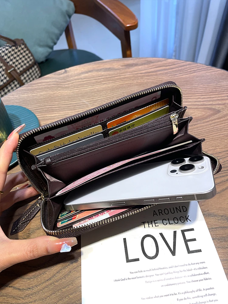 Cartera larga con tarjetero para mujer, bolso para teléfono móvil, bolsa versátil para almacenamiento de monedas, cartera de cuero con patrón geométrico