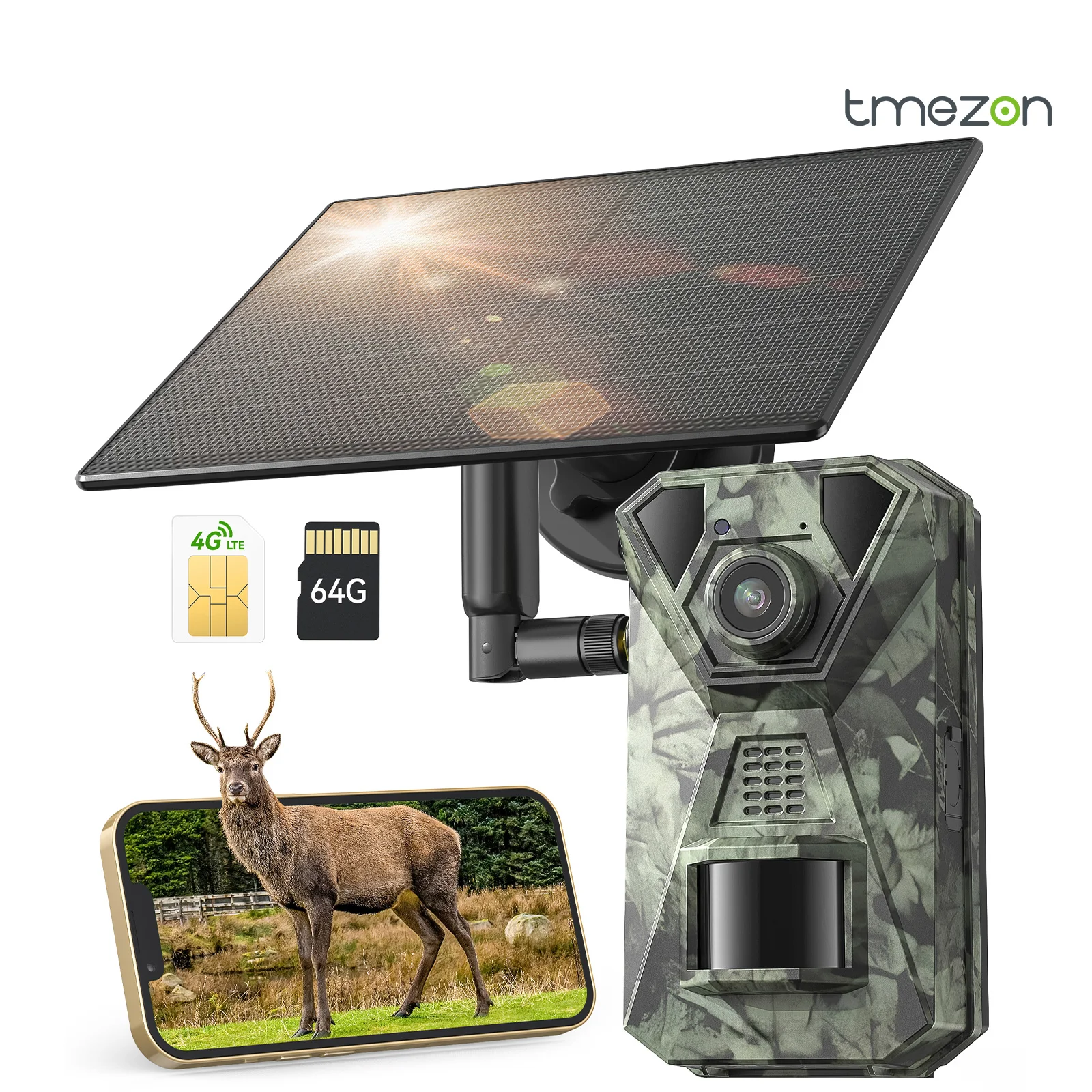 Caméra de chasse solaire TMEZON 4G LTE avec application, 2.7K, avec carte SIM, piège photo, capteur de mouvement PIR, vision nocturne