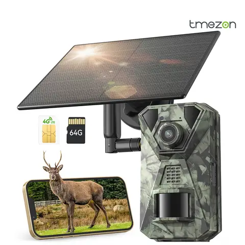 4G LTE Solar Powered 2.7K HD Wildlife Trail Camera with SIM Card PIR Motion Sensor Night Vision Photo Trap for Hunting