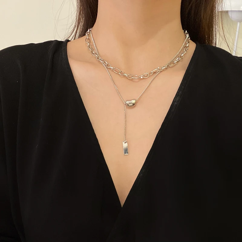 kshmir 2021 Double layered necklace with simple rectangular tag choker, female chain, clavicle chain, female accessories jewelry