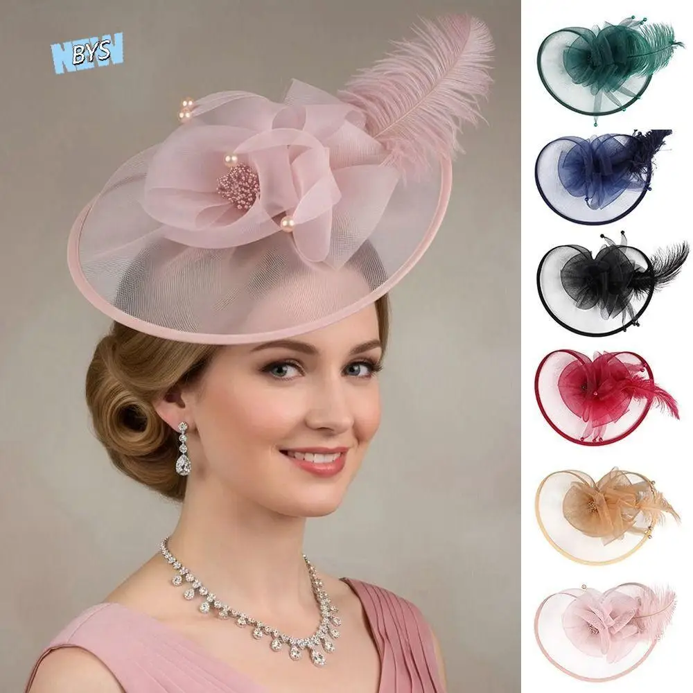 

Retro Exquisite Mesh Feather Headband Elegant Pearl Vintage Fascinator Hat Formal Hat Sweet Masquerade Hair Band Dance Show