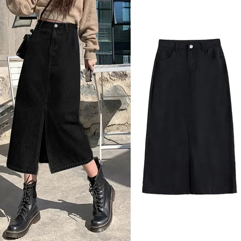 Female Solid High Waist A-line Jeans Skirt Girls Classic Korean Thin Mid-Long Dress Lady Chic Fashion Slit Denim Skirts