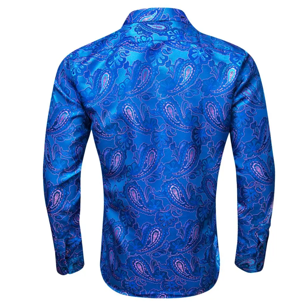 Luxury Blue Shirts for Men Silk Embroidered Paisley Flower Long Sleeve Slim FIT Male Blouses Casual Tops Lapel Cloth Barry Wang