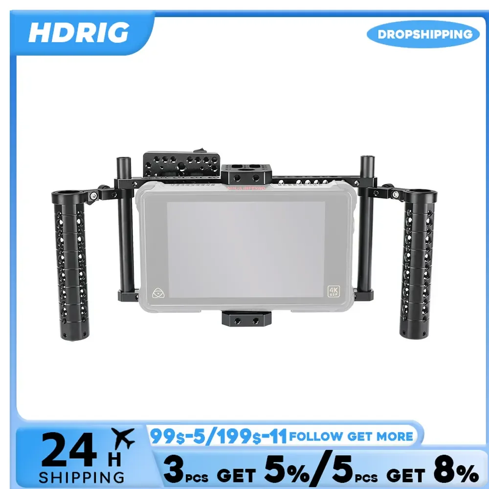 Hdrig ajustável handheld monitor gaiola kit para 5 "/7" monitor com queijo lidar com & fonte de alimentação divisor