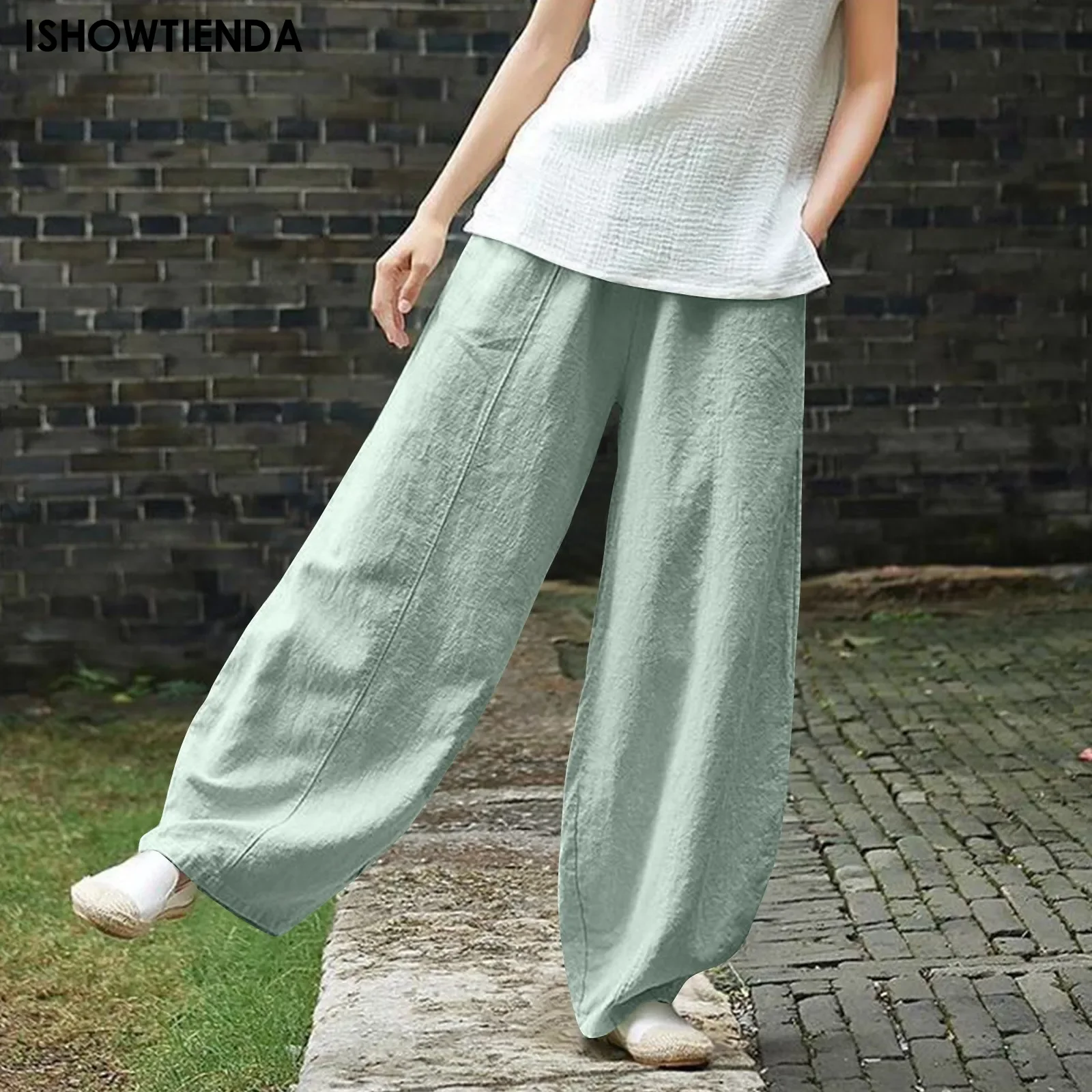 Pantalones holgados de pierna ancha para mujer, de estilo Vintage bombachos, pantalones elegantes de longitud completa, pantalones de cintura elástica sólida