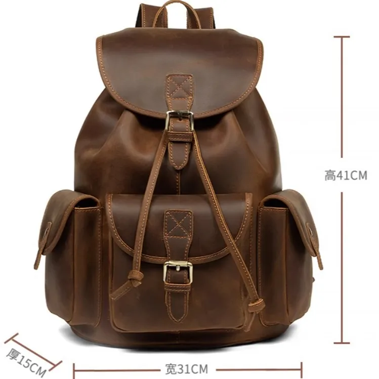 Men's Crazy Horse Leather Vintage Backpack Textured Multi-Pocket Cowhide Leather Backpack Drawstring Travel Outdoor Backpack
