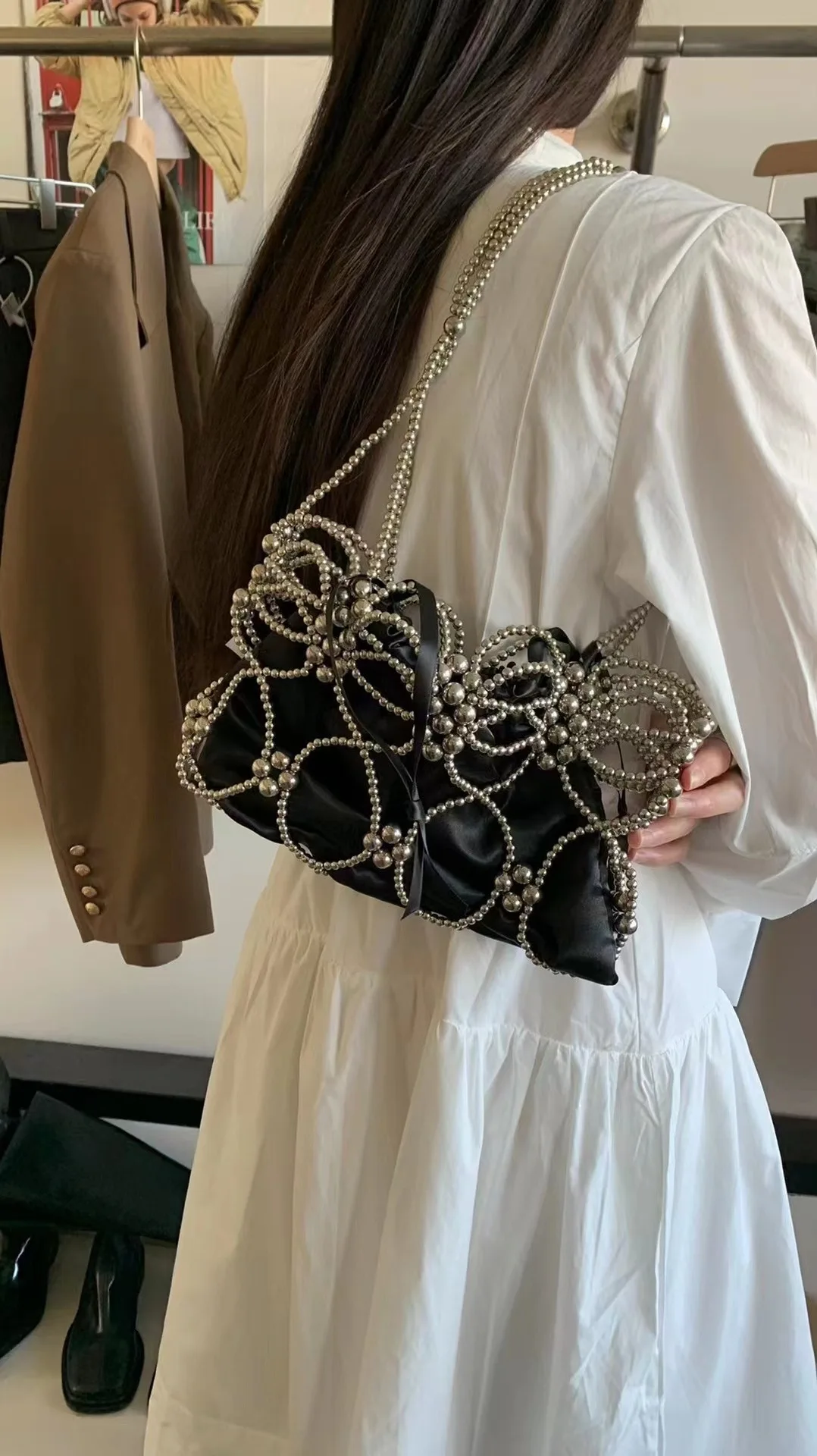 Customized Silver Beaded Bag Handmade Acrylic Purses and Handbags Summer Beach Clutch Party Women Crossbody Tote Bags 2023 New