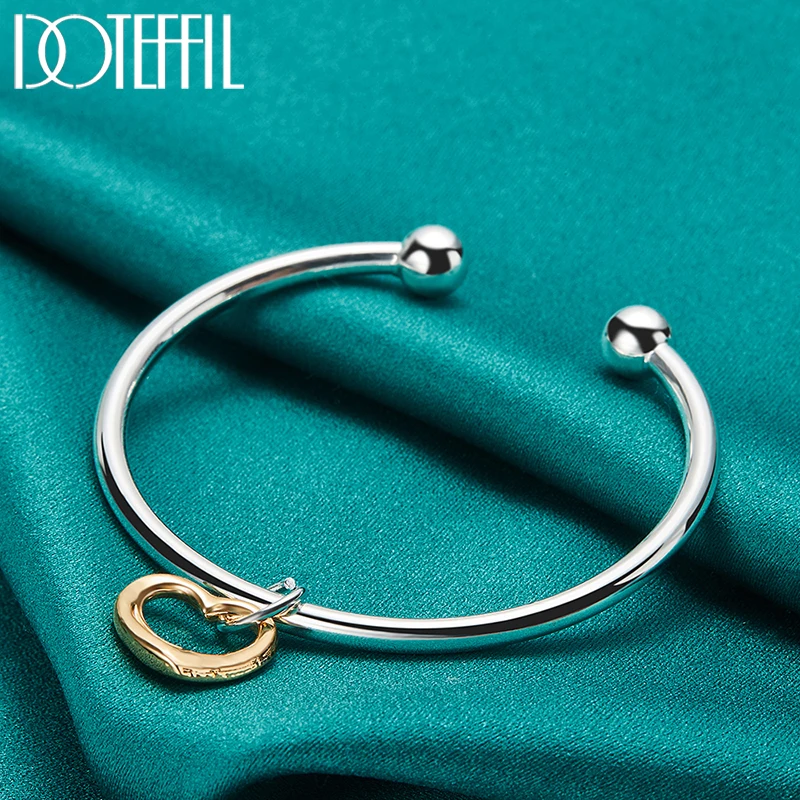 DOTEFFIL 925 Sterling Silver Gold Heart Cuff Bangle Bracelet For Man Woman Wedding Engagement Fashion Charm Party Jewelry