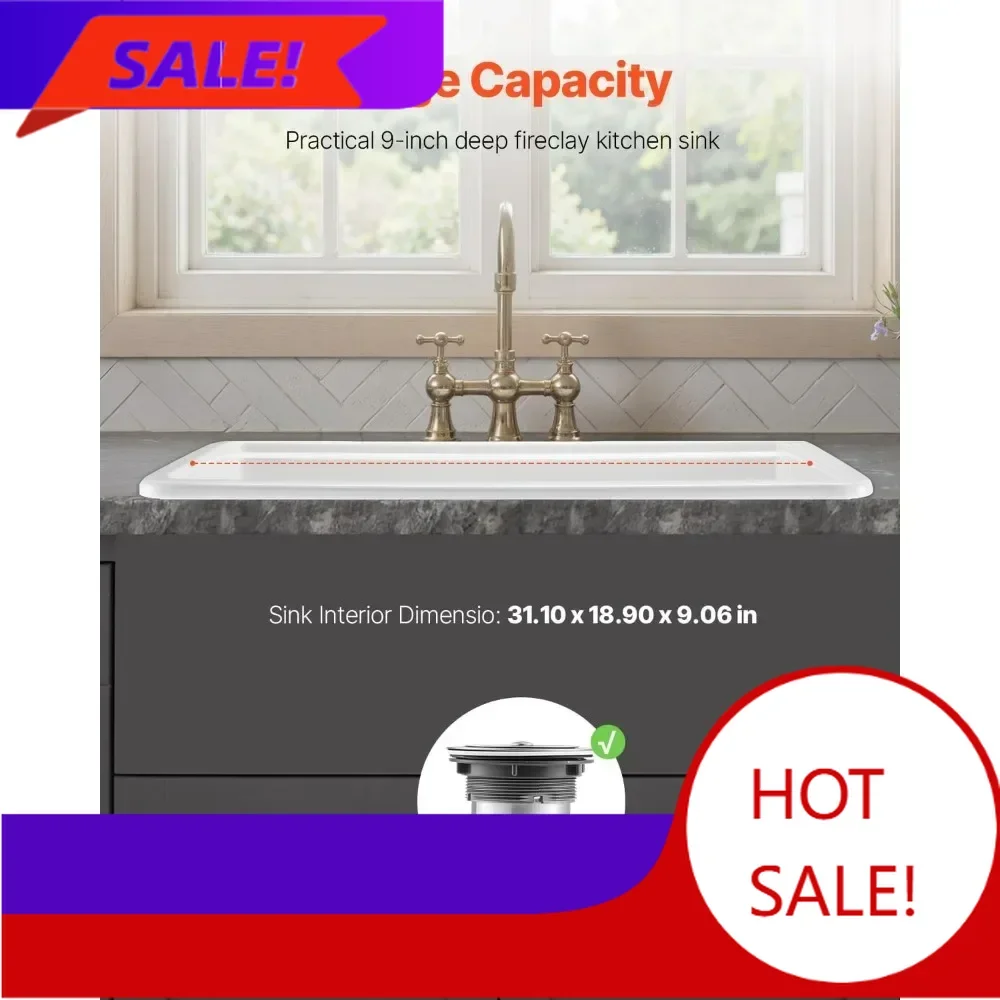 BestsellerWhite Fireclay Farmhouse Sink, 33x19 Inch, Single Bowl, Topmount and Undermount Options
