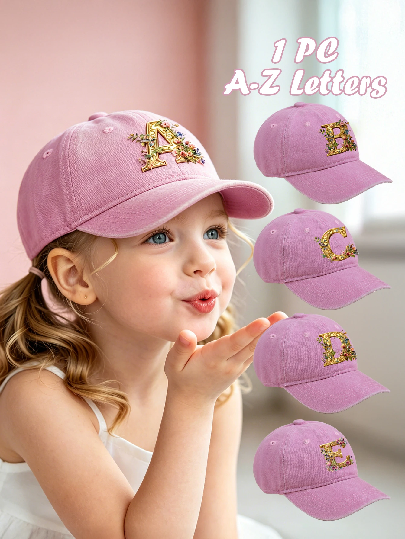 

1pc pink baby hat Adjustable Youngsters' Baseball Cap with A-Z letter Gorgeous Golden Flower - Breathable Sun Hat for Boys and