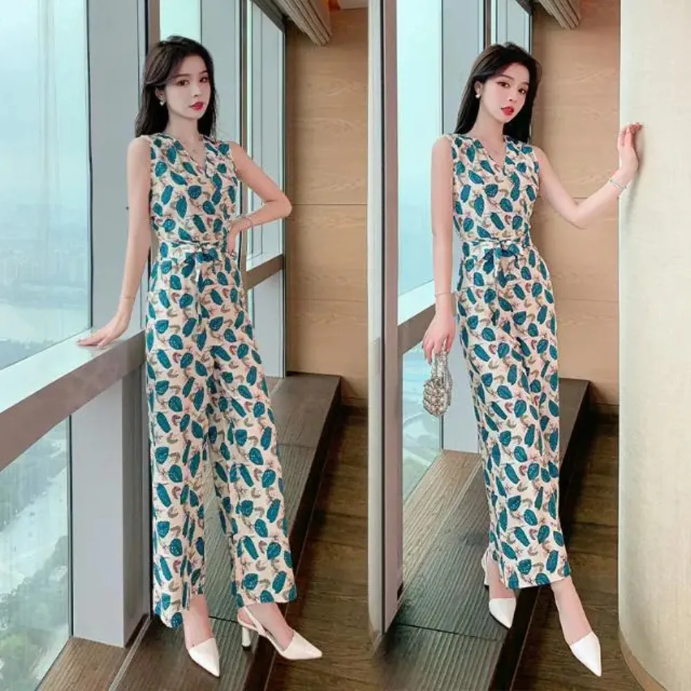 Suit Women Elegance Jumpsuit Print Fashion Korean Loose Summer 2024 New Chiffon Wide Leg Pants Overalls Ladies Sleeveless Casual