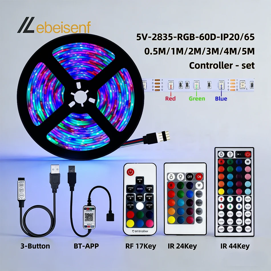 New 5V RGB LED Strip SMD2835 60LEDs/m IR/RF+Bluetooth PWM Dimmer Music Sync USB Plug Decorative Lighting Room DIY Party Home​