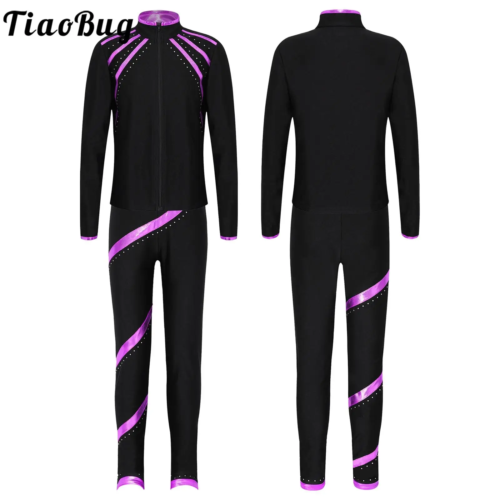 Kids Girls Figure Skating Dance Costume Gymnastics Acrobatics Performance Outfits Metallic Striped Long Sleeve Jacket with Pants