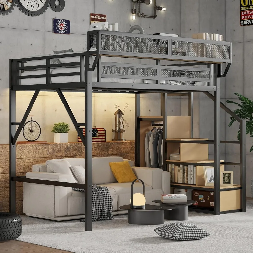 Letto a soppalco full size con scale e contenitori, struttura letto a soppalco in metallo con ripiano sul comodino e ampio spazio sotto il letto, letto resistente per