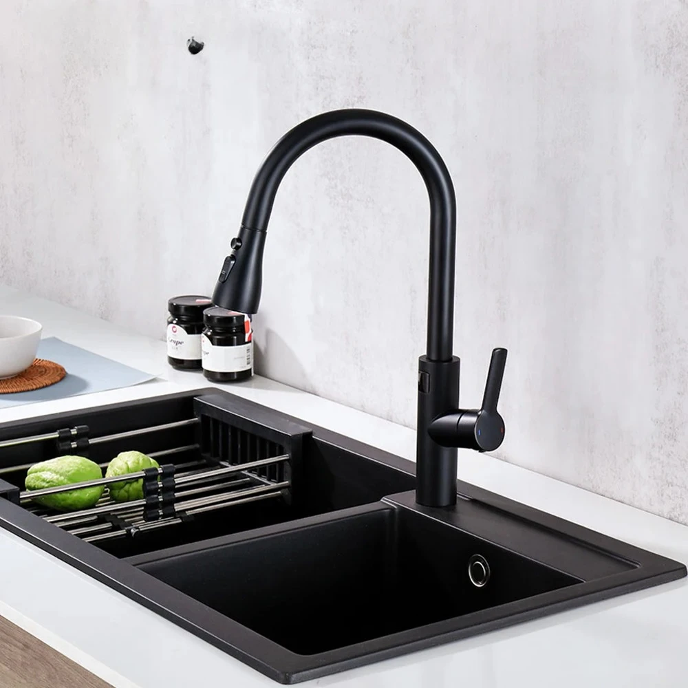 Hot And Cold Pull Out  Kitchen Sink Mixer Tap Digital Display Function Rotatable Kitchen Tap Matte Black Touch On Kitchen Faucet