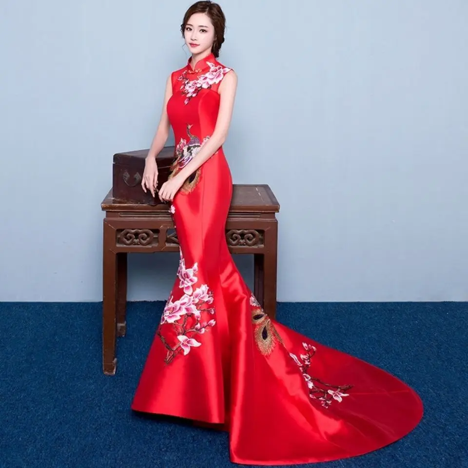 

Yourqipao Fishtail Train Evening Dress Chinese Bridal Wedding Banquet Evening Dress Traditional Cheongsam Wedding Toast Gowns