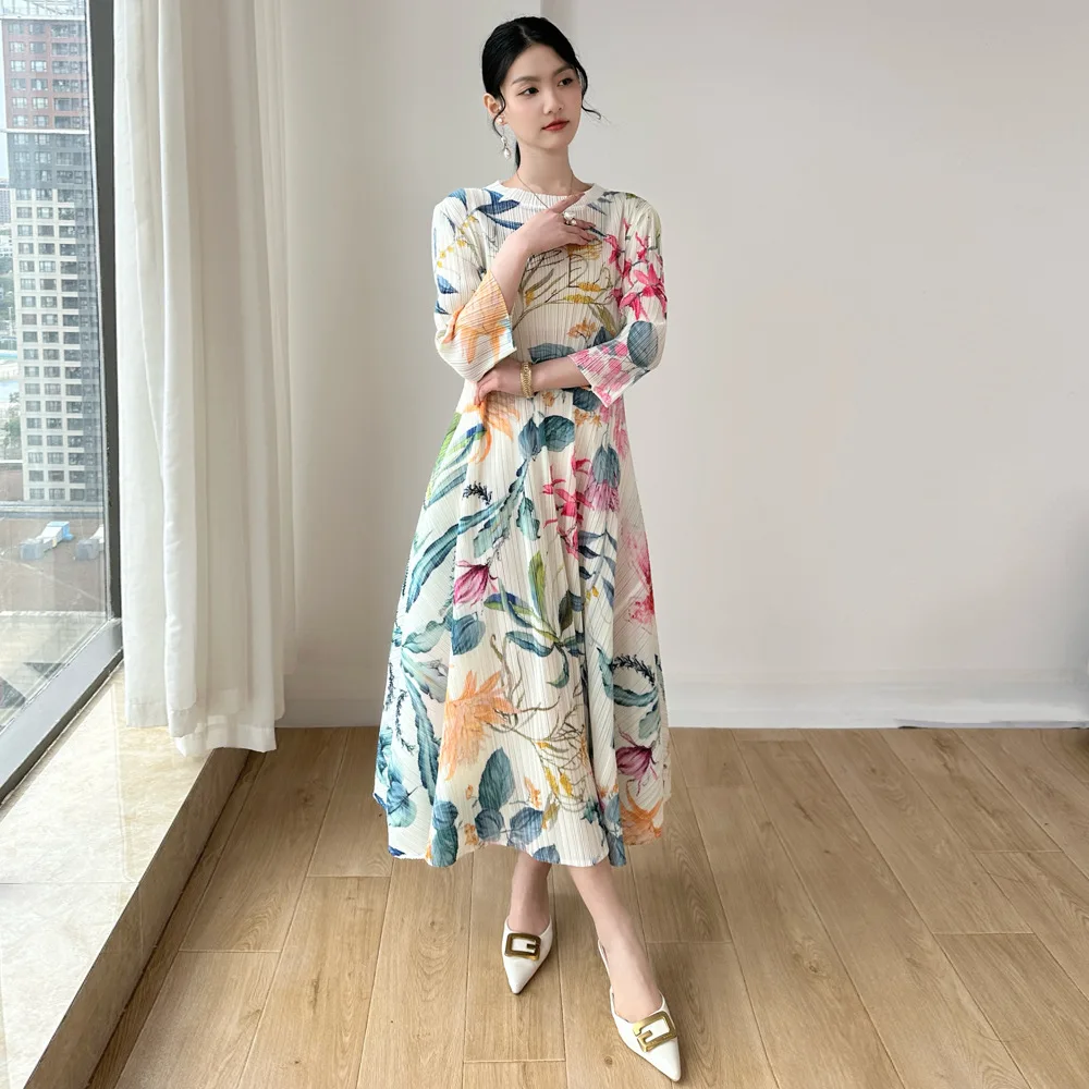 Miyake – robe plissée à col rond pour femmes, imprimé, grande taille, couverture de viande, vieillissement, nouvelle collection printemps 2025