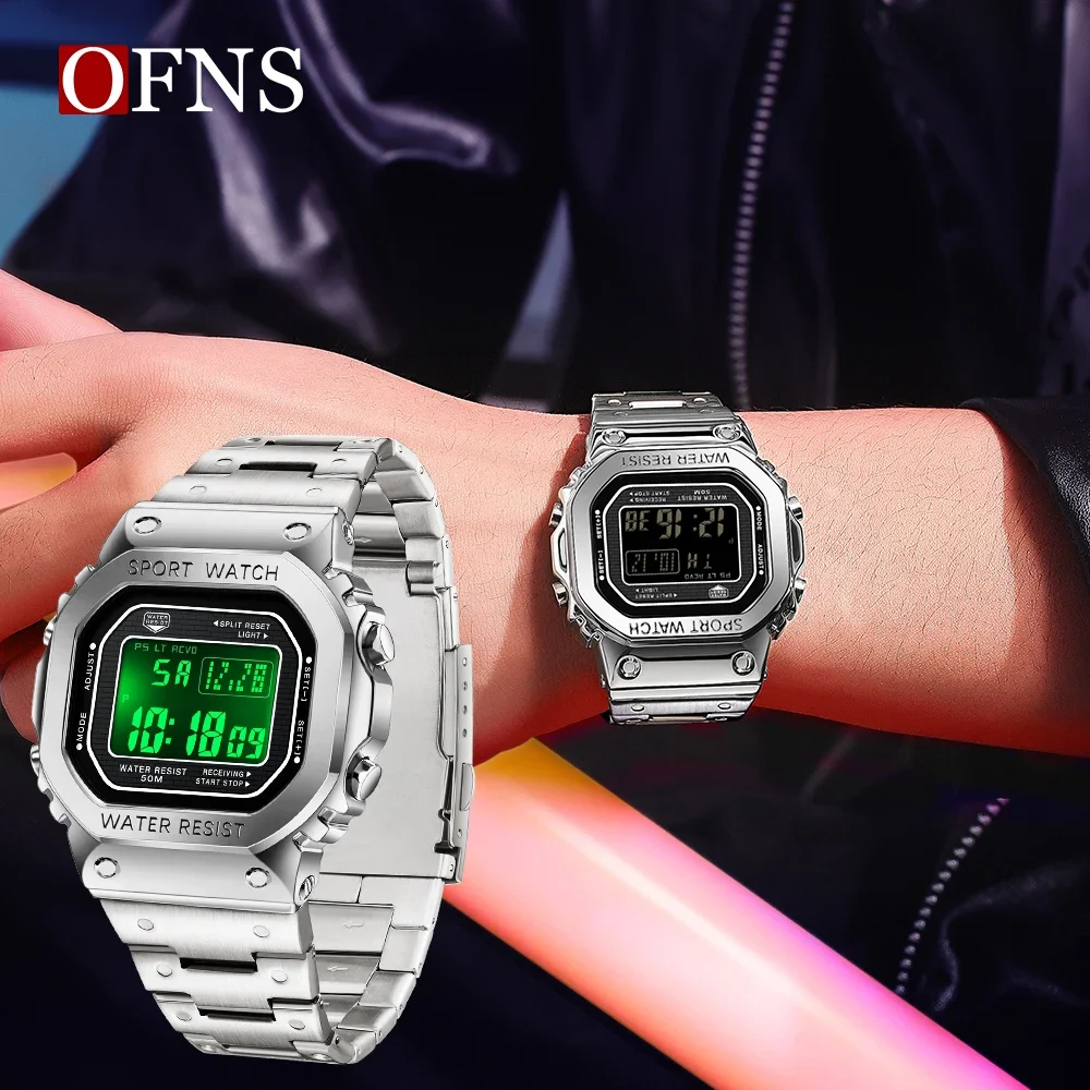 OFNS 2162 Fashion Men\'s Alarm Clock Multi functional Sports Watch Square Fashion Hand Light Waterproof Men\'s Electronic Watch