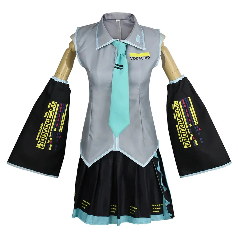 Miku Cosplay Costume Silver Patent Leather Clothes Blue Wig Headwear Outfits JK Sailor Dress High School Uniform Halloween Props