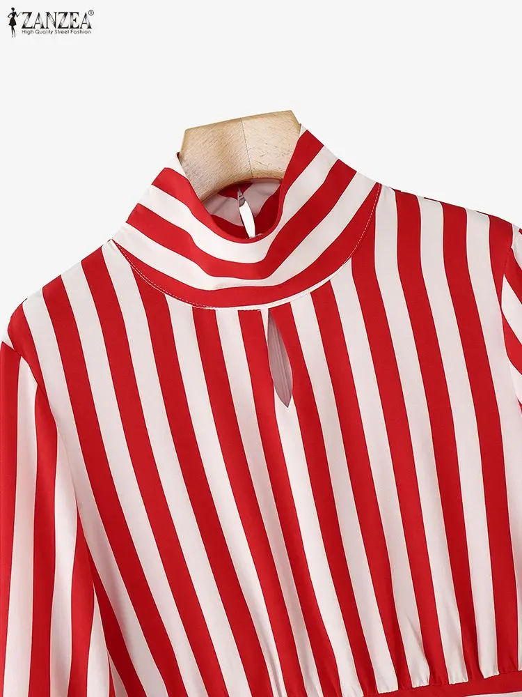 ZANZEA 2025 blusas a rayas rojas con lazo en la cintura para mujer, moda de otoño, Tops de cuello alto recortados de manga larga, ropa de mujer, ropa de calle