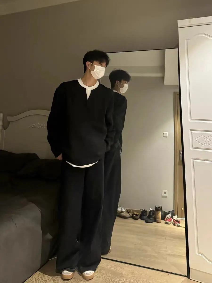 

Корейский мужской свитшот с V-образным вырезом и длинными рукавами, свободного кроя, для весны и осени, универсальный, повседневный, в уличном стиле