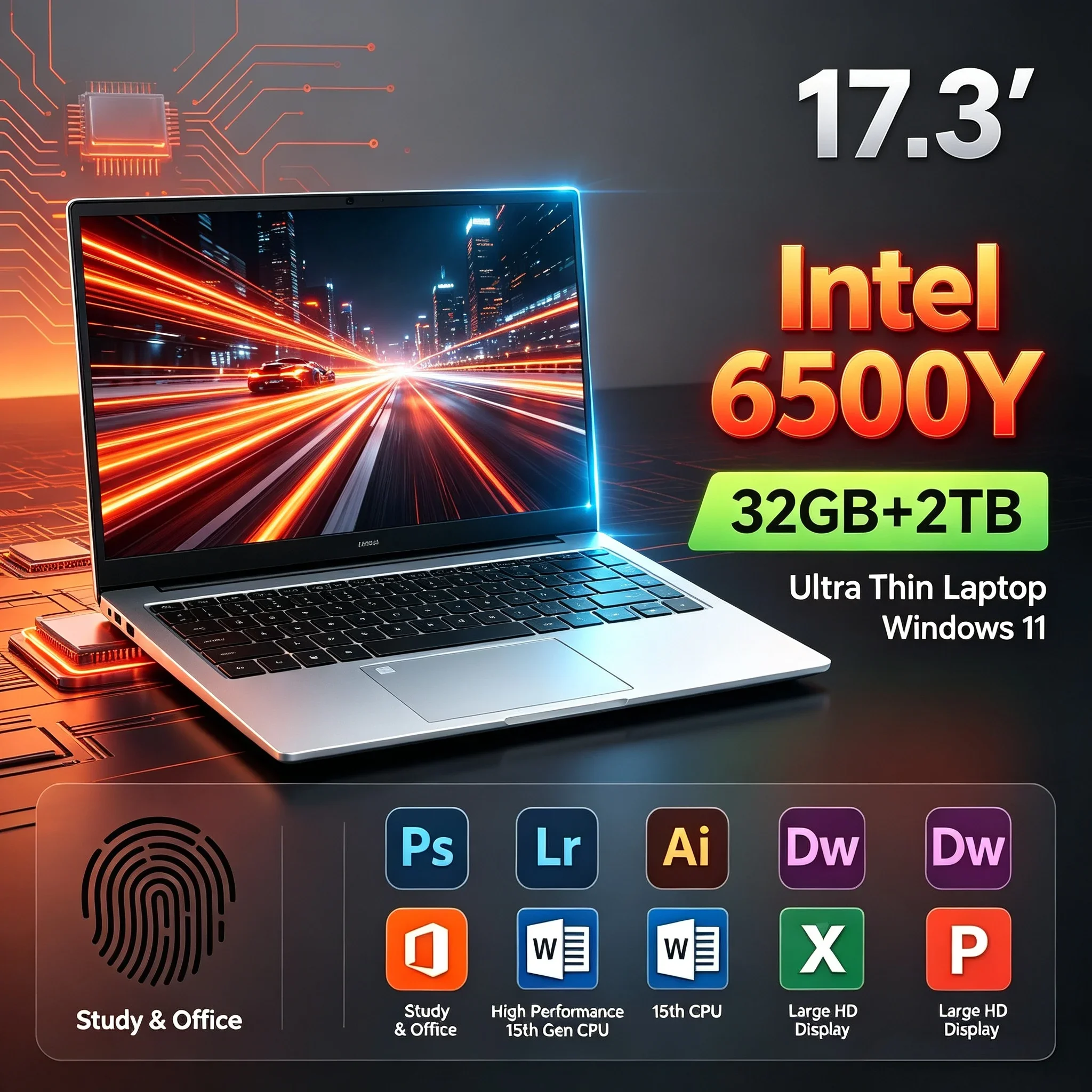 2026 New 17.3'' HD Notebook Computer Intel 6500Y 32GB RAM 1TB/2TB SSD Windows11 BT5.2 WiFi6 Portable Laptop For Home Study