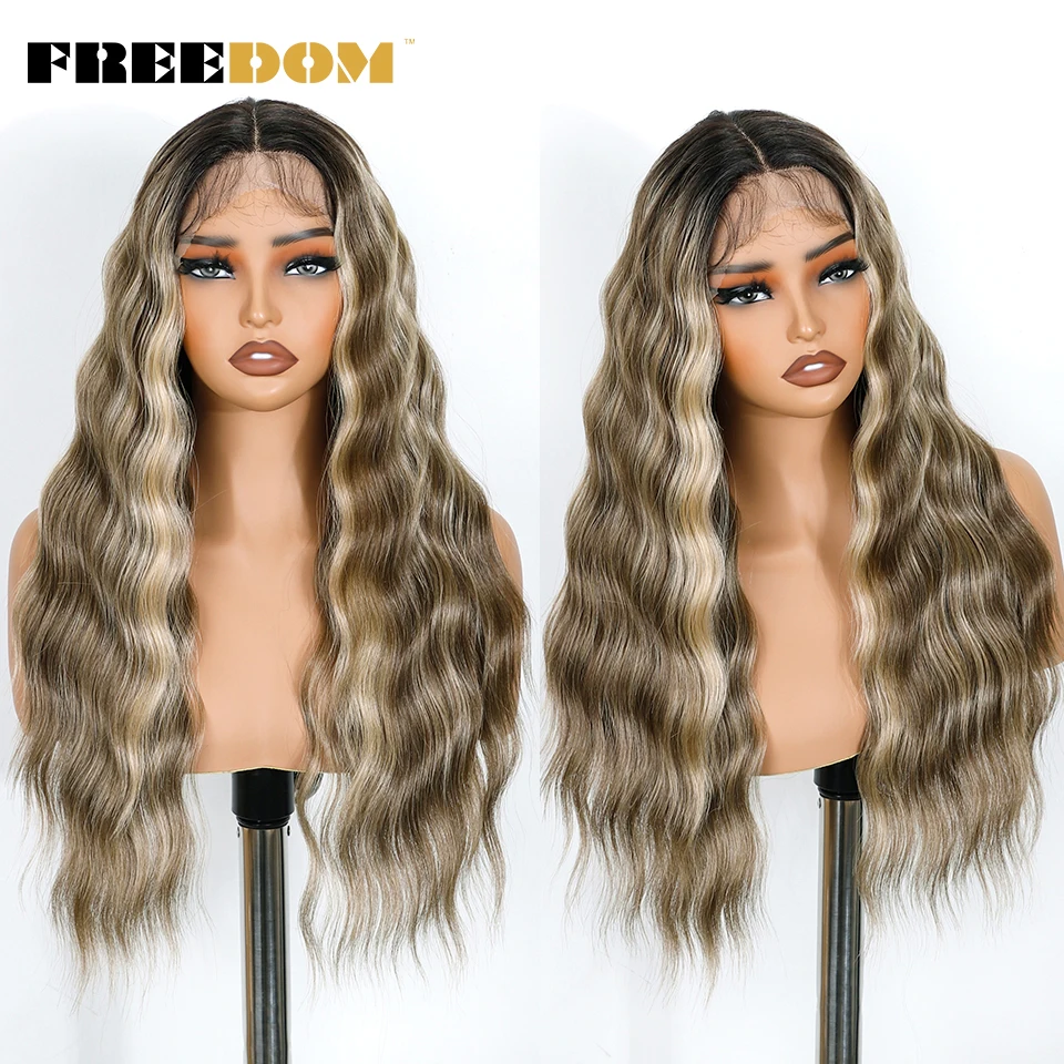FREEDOM Synthetische Lace-Front-Perücken für schwarze Frauen, 26 Zoll lange, tief gewellte Lace-Perücke, Ombré-Braun-Blond-Perücke, Cosplay-Perücken – Detail 7