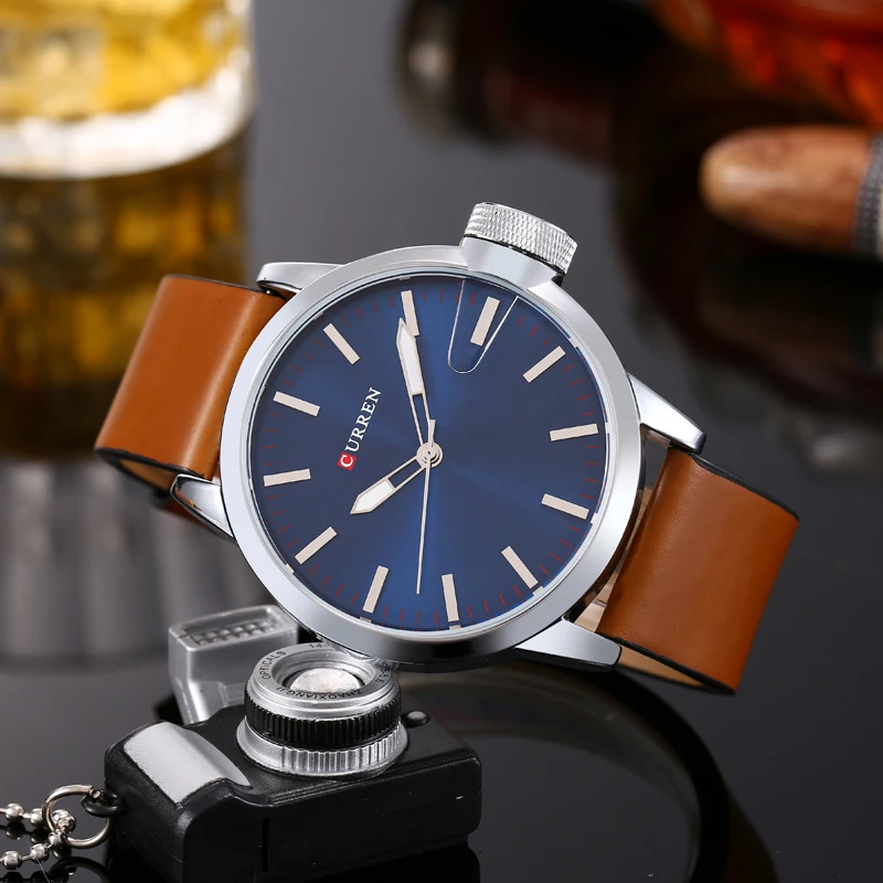 CURREN 8208 Men's Quartz Watch Fashion Blue Simple Business Brown Leather Strap Analog Display Wrist Watches for Male Clock Gift
