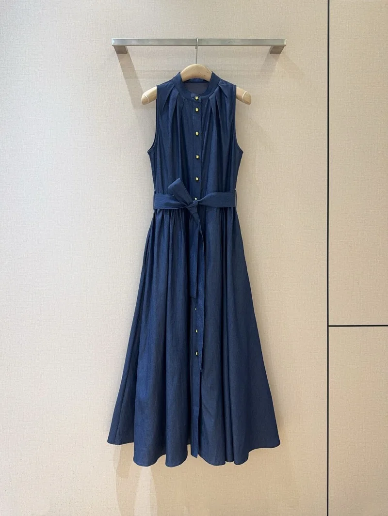 

100%Cotton Denim Dress 2025 Summer Style Women Button Front Belt Deco Sleeveless Mid-Calf Length Casual Blue Jeans Dress Vestido