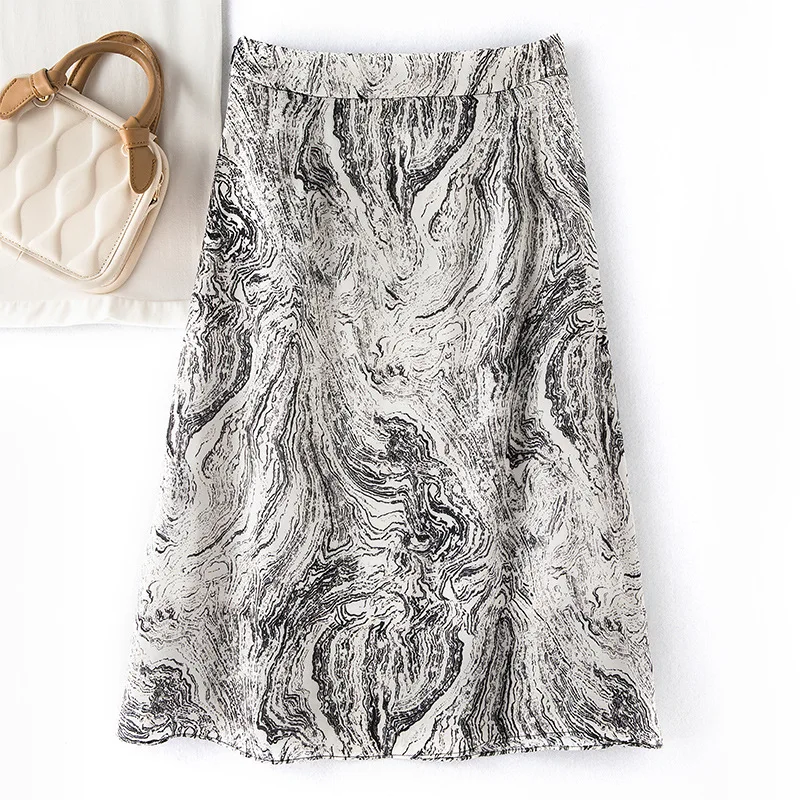 Women's Pure Silk Crepe De Chine Skirt, A-Line, High Waist Back, Invisible Zipper, Fly Printing Midi Skirt, Summer