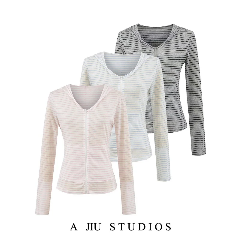 

Ladies' Slim Fit Long Sve Zipper Hooded Striped Open Cardigan Lightweight Summer Outerwear Casual Commute Sle