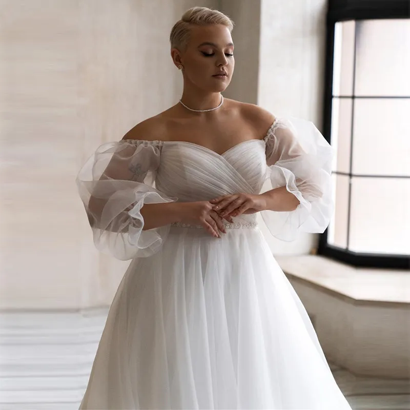 Plus Size Wedding Dresses Strapless Long Sleeve Trailing Bridal Gowns for Party Ball-Gown Prom Cocktail