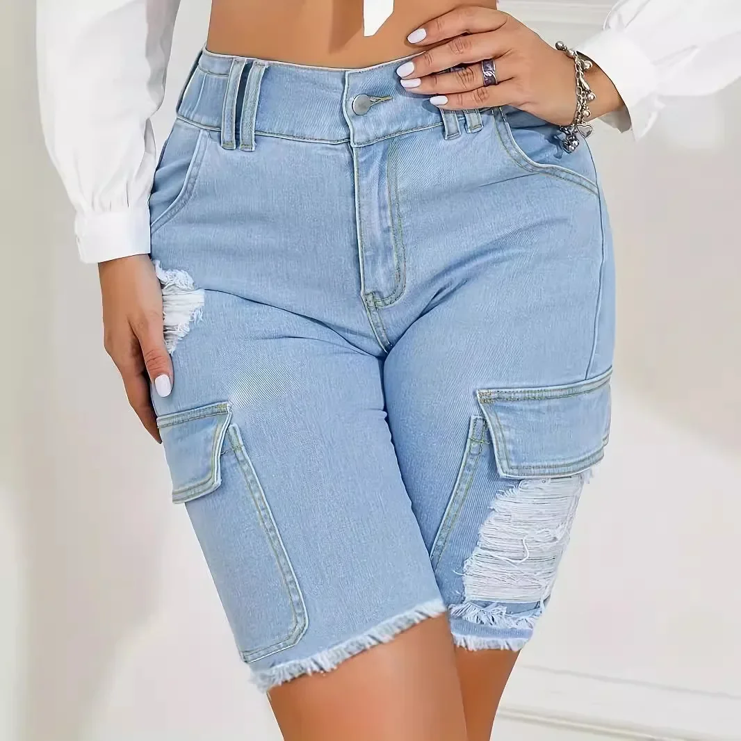Pantaloncini di jeans strappati effetto consumato Pantaloncini al ginocchio da donna Fori Tasche jeans con cerniera Casual Vita alta impiombati Estate