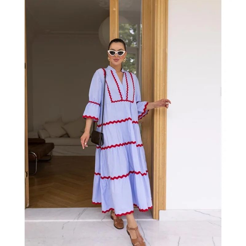 Sommer Frauen Lose Böhmischen Strand Kleid Elegante V-ausschnitt Geraffte Flowy Plissee Urlaub Urlaub Boho A-linie Langes Kleid