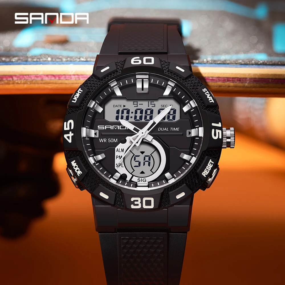 Sanda 3087 Top  Brand Men Digital Watch Military Sports Casual Watches 50m Waterproof Dual Display Electronic Relogio Masculino