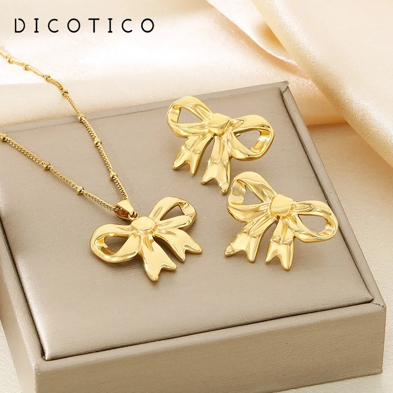 2pcs/set Bow Earrings Necklace Stainless Steel For Women Girl Fashion Eardrops Gold Silver Color Jewelry Sets Wedding Party