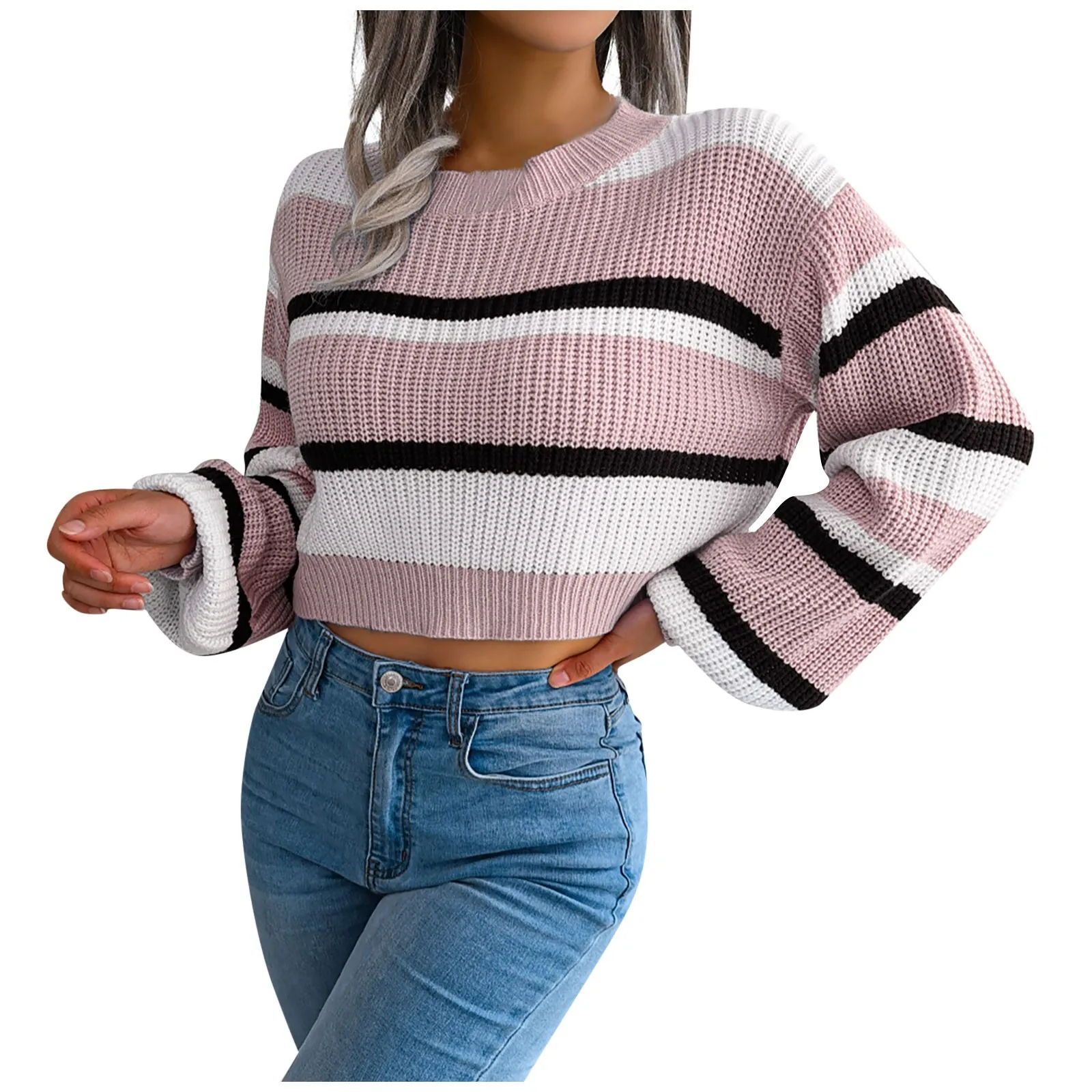 Women\'s Sweaters Autumn Winter Top Ins Style Casual Striped Long Sleeve Crop Knit Sweater