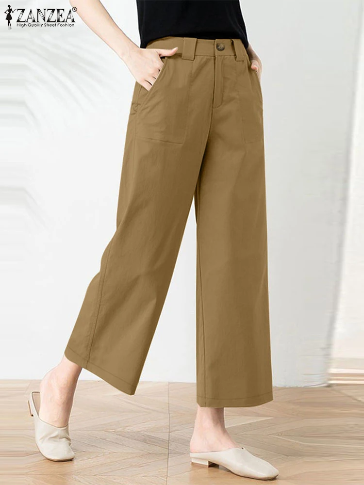 ZANZEA-Pantalon Décontracté pour Femme, Vêtement de Bureau, Élégant, Couleur Unie, Taille Haute, FjRefWear, Automne 2024